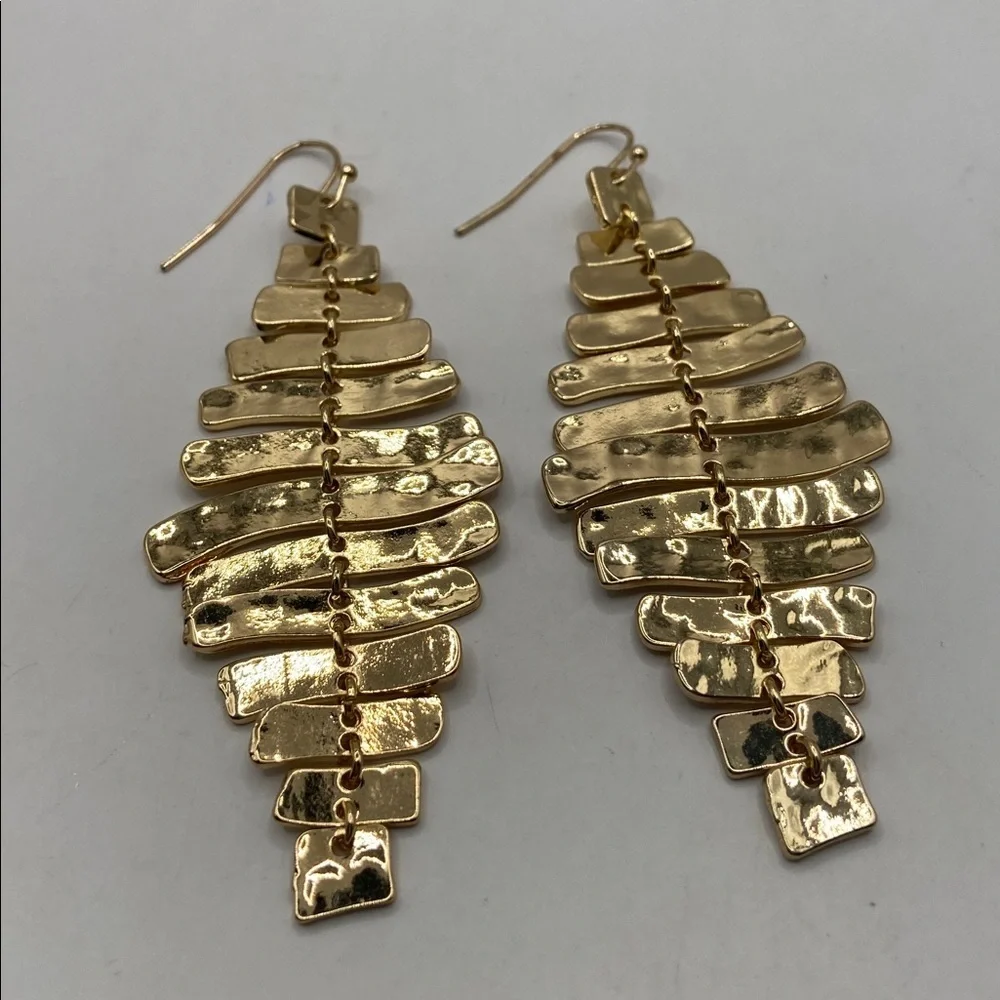Gold Tone Fishbone Ladder Dangle Earrings Whimsygoth Wedding Guest 3”L